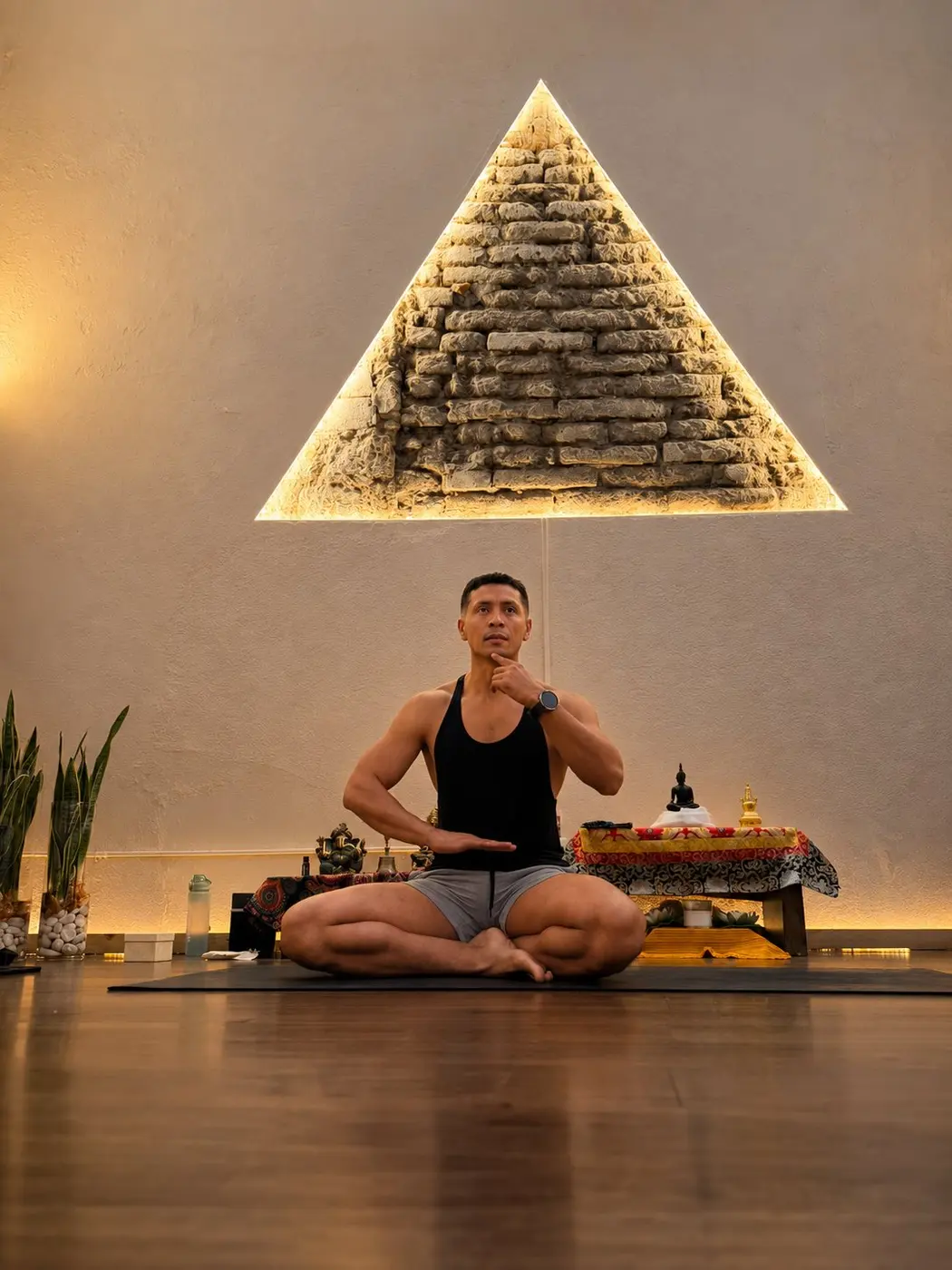 Miguel Díaz meditando sentado frente a una pirámide de piedra iluminada en un estudio de yoga